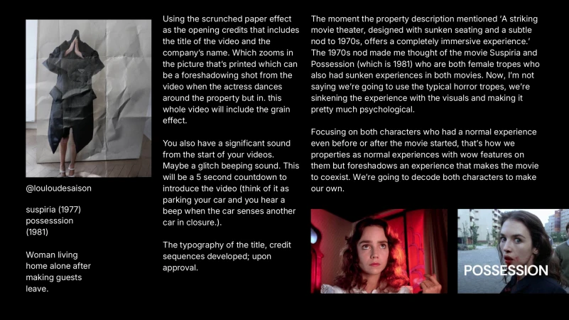 Creative direction pitch deck slide with film reference stills, concept text notes, and folded fashion print on a black background.