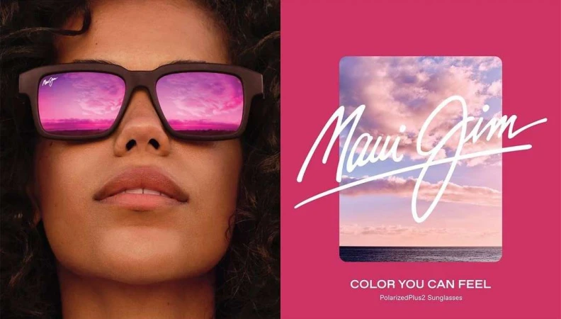 Close-up of a person wearing polarized sunglasses reflecting a pink sunset sky, paired with a magenta promotional panel