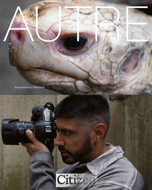 Close-up shot of an albino tortoise head, juxtaposed with a man holding a camera in an outdoor setting against a textured wall.