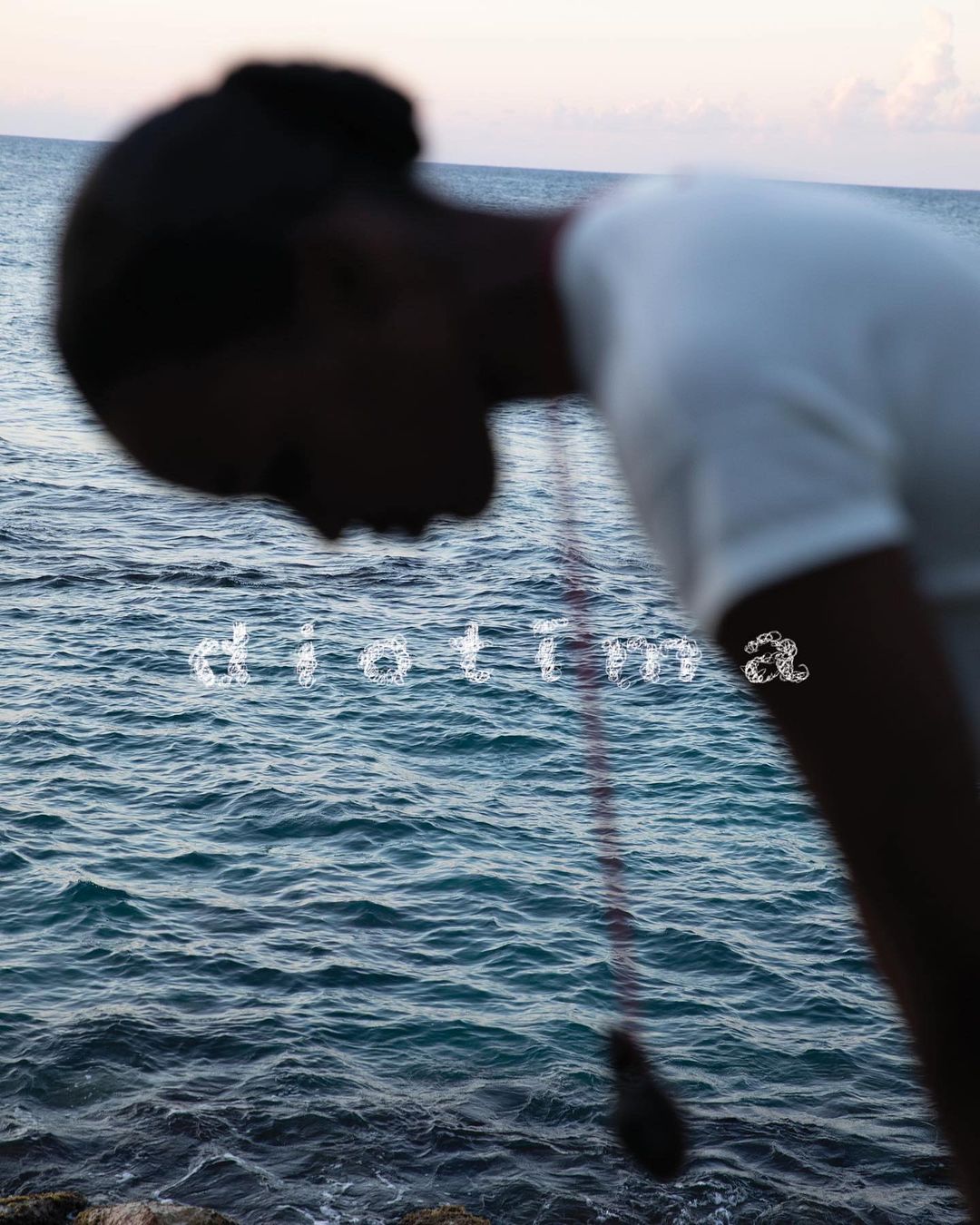 Abstract image features a person silhouetted against ocean with the text 'diotima' overlaid, creating a blurred, artistic ocean scene.