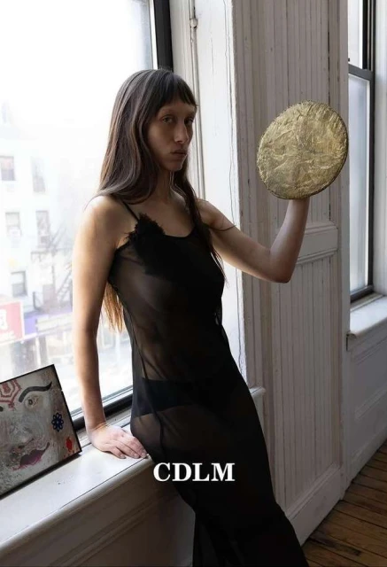 Indoor portrait of a woman holding a gold disc. She's wearing a sheer black dress, standing near a window, and an artwork sits on the ledge.