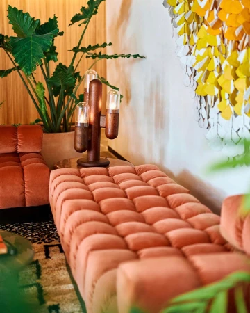 Living room with a coral-colored couch, wooden cactus lamp, and green plants in a modern interior setting, creating a cozy atmosphere.