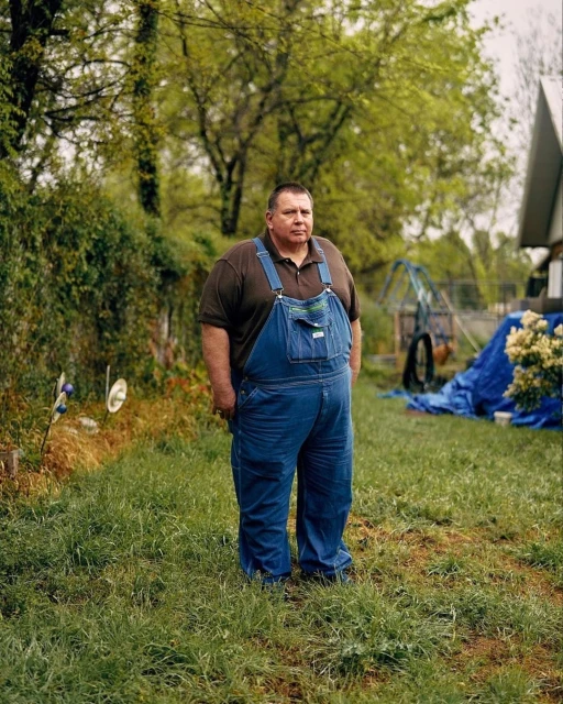 Adult man in blue denim overalls stands in a grassy yard with trees and a house visible in the background on a cloudy day.