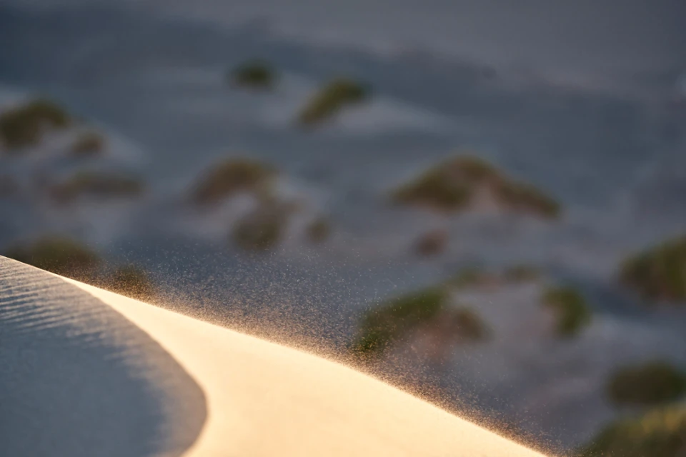 Close-up of a white sand dune with wind blowing sand, background with blurred sand dunes and vegetation patches, outdoor nature.