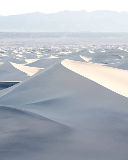 Desert landscape featuring sand dunes with undulating formations, soft lighting, and distant mountains creating a serene natural vista.