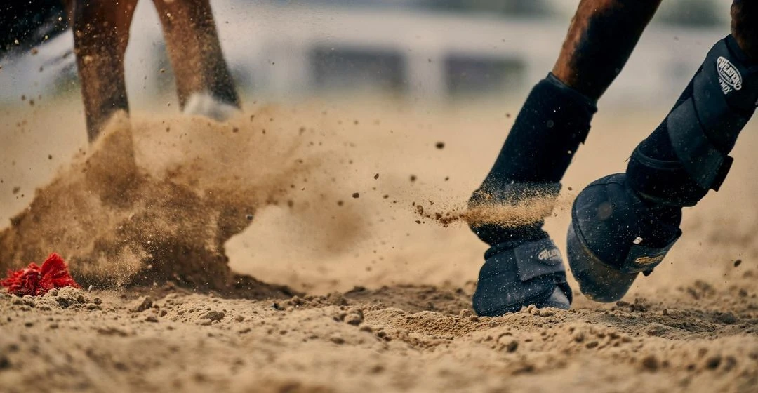 Close-up of horse legs with black protective gear kicking up sand, red floral decoration in the foreground.
