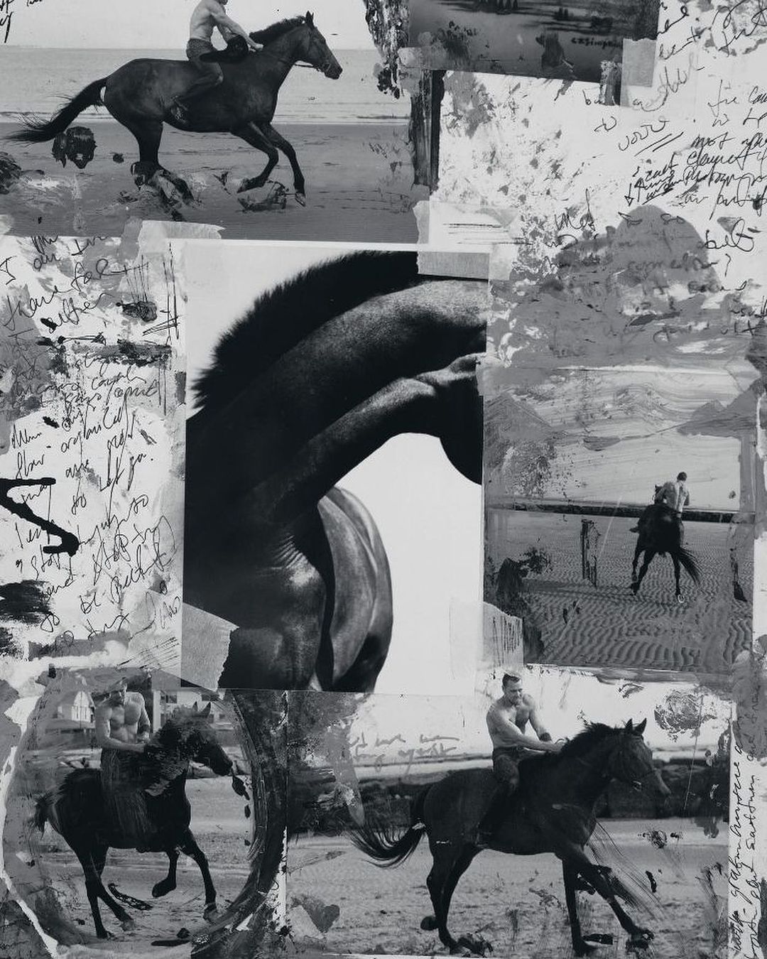 Art collage of horse racing photographs in black and white with script handwriting in the background and paint textures.
