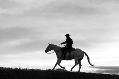 Monochrome silhouette of a person wearing a cowboy hat riding a horse across a ridge against an overcast sky