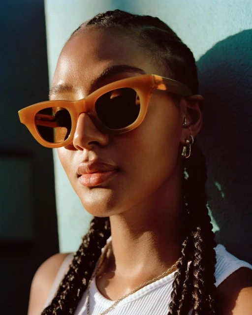 Close-up studio shot of a young adult female model wearing brown sunglasses with braided hair and a white top against a teal wall.