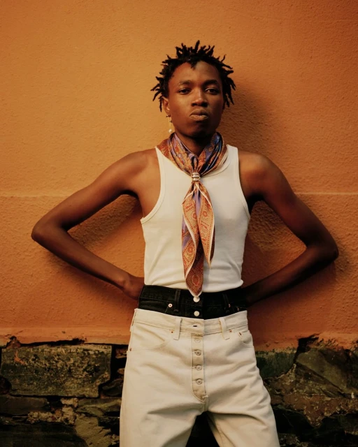 Person with dreadlocks wearing white tank top and patterned neck scarf posing against orange wall in portrait shot, with visible hip.