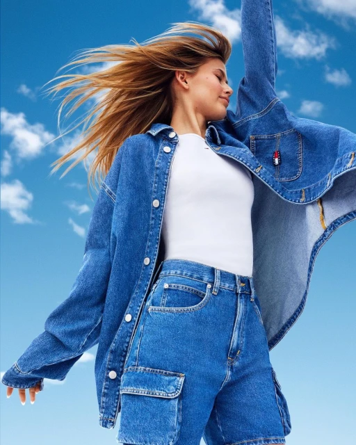 A woman with long blonde hair poses against a blue sky wearing a white top, blue denim jacket, and matching blue denim shorts.