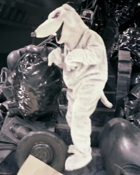 Person in a white rat mascot costume standing among dark debris and black trash bags in New York