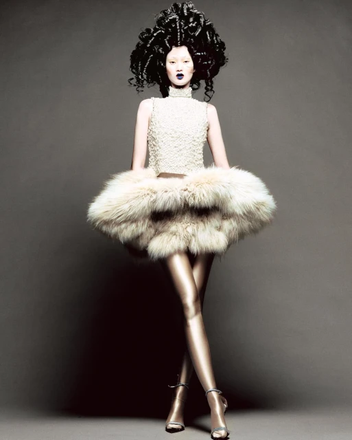 Fashion shot of a pale-skinned model in a textured top, furry skirt, tights, and heels, posing against a grey backdrop with dramatic makeup.