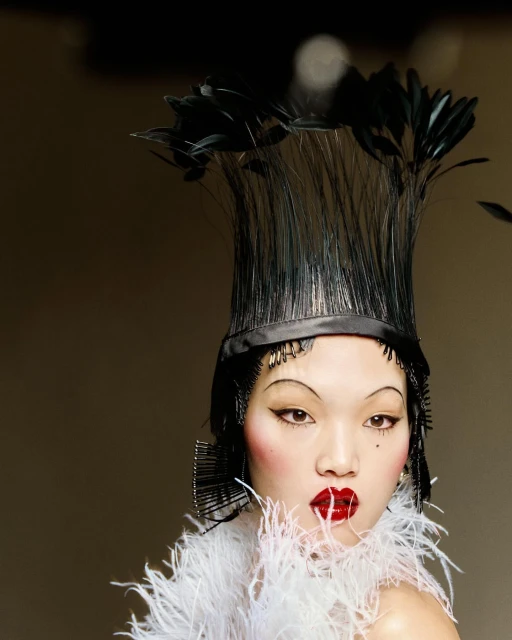Asian woman with bright red lipstick, a dramatic feather collar, and a tall feathered hat poses in front of a neutral grey background.