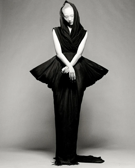 Monochrome fashion shot of a slender adult woman in a dramatic hooded black gown with a wide, pleated skirt and train on grey backdrop.