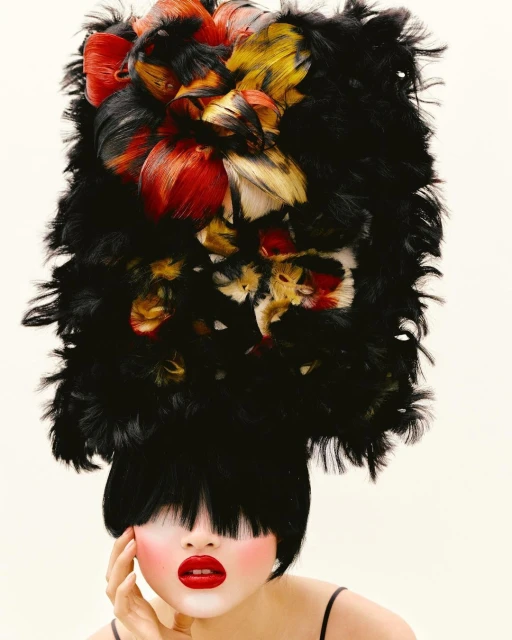 Portrait of a woman with dark hair, red lipstick, and pale skin, wearing a large, colorful feathered headpiece against a white background.