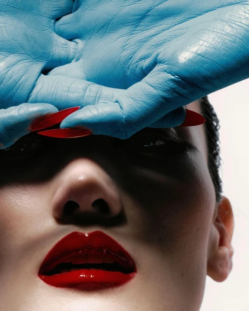 Close-up studio shot of a woman with red lips, a blue-painted hand, and red nails covering her eyes against a white background.