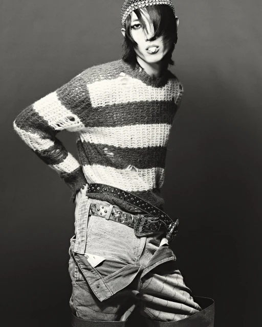 Striking black and white studio shot of androgynous person in distressed striped sweater and overalls, accessorized with studded belt and headpiece.