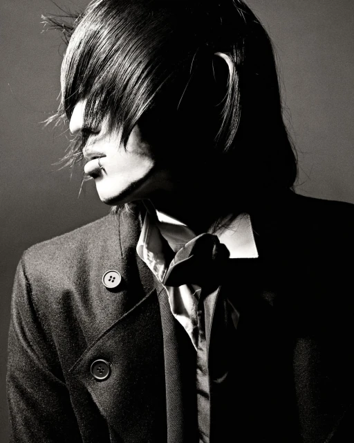 Monochrome portrait of an adult male with dark hair partially covering his face, wearing a collared shirt and a buttoned coat indoors.