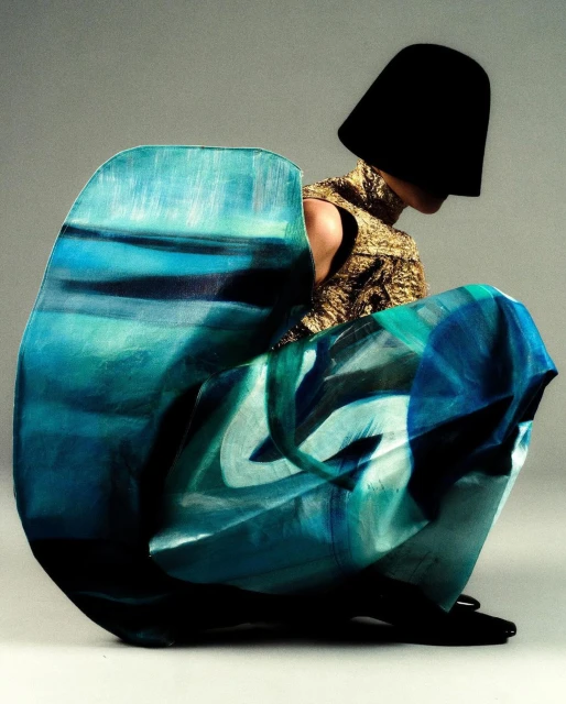 Fashion shot featuring a person in a gold top and large blue patterned fabric. Head is covered by a black hat-like object.