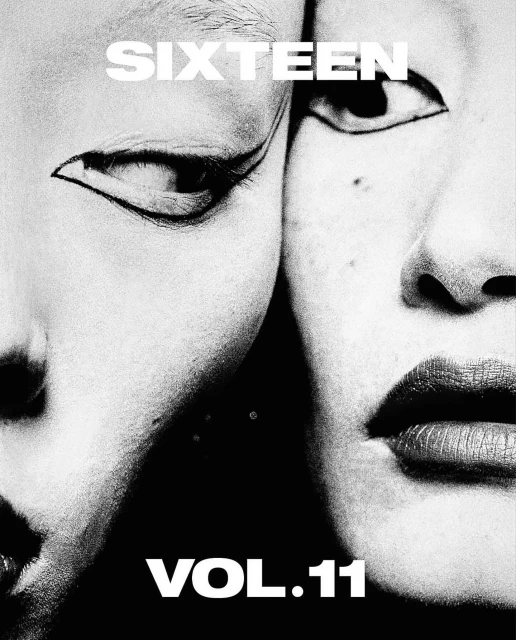 Striking close-up of two faces with bold eyeliner, presented in black and white with a magazine cover-like aesthetic, emphasizing beauty.