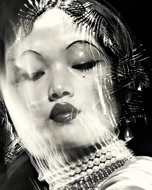 Monochrome portrait of a woman with dramatic makeup, an ornate beaded collar, and decorative feather headpiece against a dark backdrop.