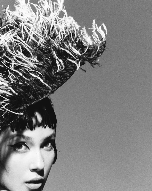 Close-up portrait of a woman with dark hair, winged eyeliner, and a large feathered headpiece against a solid grey background.