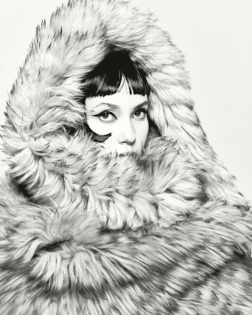 Portrait of a woman with short black hair and heavy eyeliner, wearing a large fur hood and coat against a neutral background.
