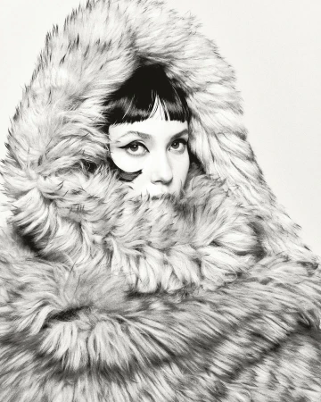 Portrait of a woman with short black hair and heavy eyeliner, wearing a large fur hood and coat against a neutral background.