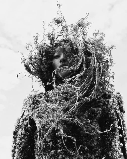 Monochrome portrait of a person with face framed by organic material headdress, wearing a textured coat, set against a cloudy sky.