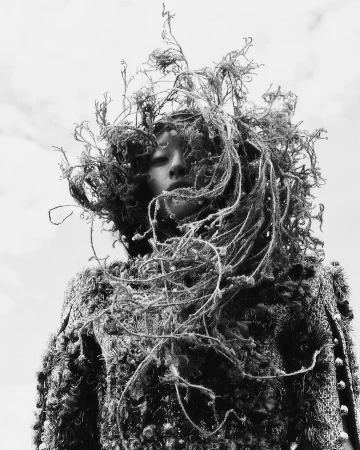 Monochrome portrait of a person with face framed by organic material headdress, wearing a textured coat, set against a cloudy sky.
