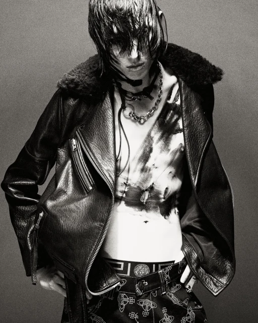 A person wearing a leather jacket with fur collar and designer-patterned pants poses in a studio with a dark gray backdrop.