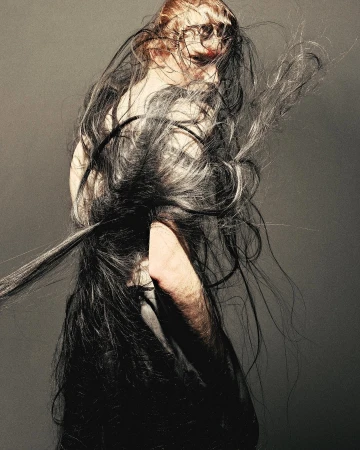Model with long dark hair blowing across face in profile against a dark textured background