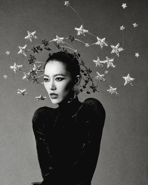 Asian woman in a black velvet dress and star headpiece posing in a studio. Fashion shot with glamourous and celestial vibes, black and white.