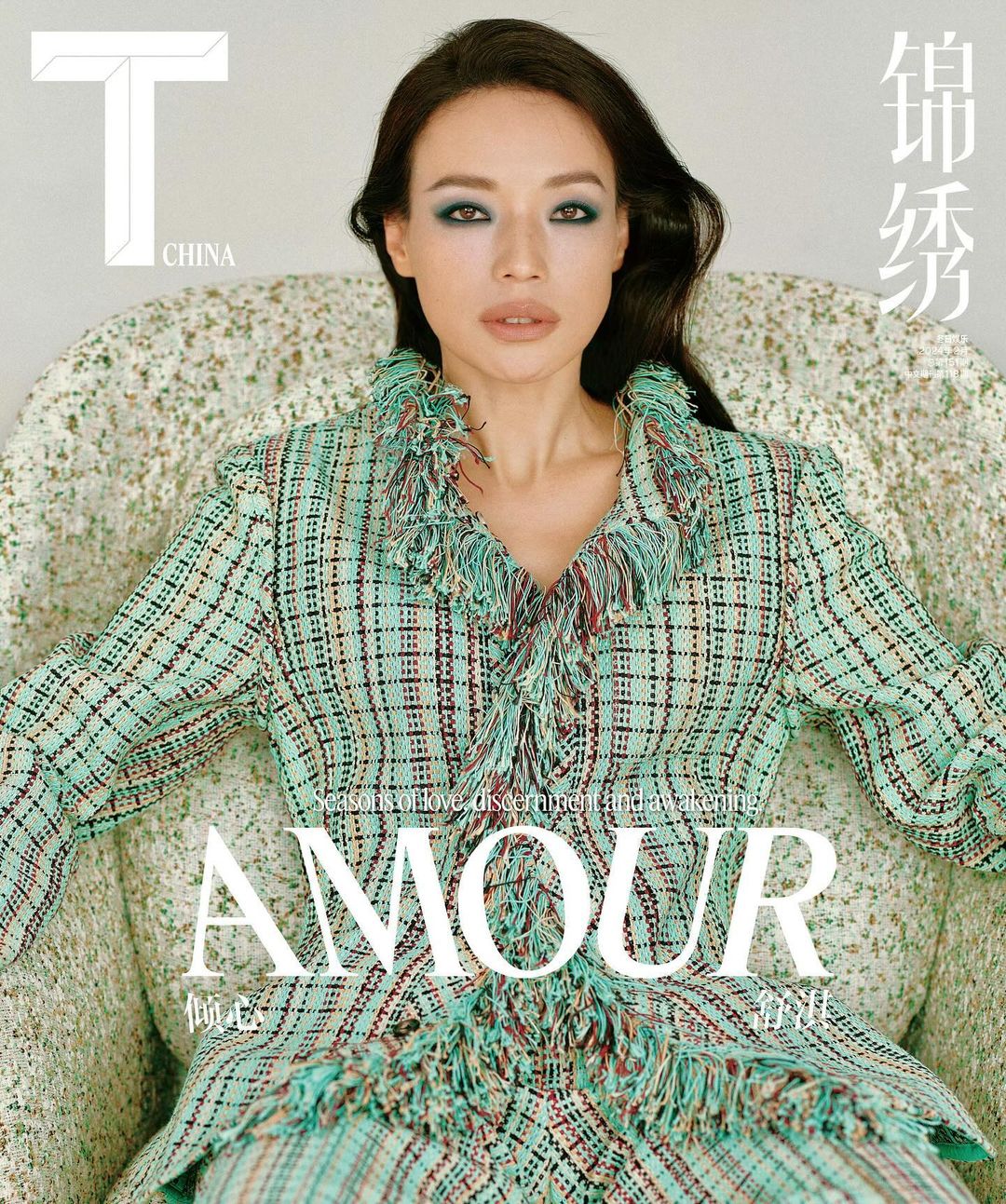 Fashion magazine cover featuring an adult female model in a plaid suit with fringe detail, seated on a patterned armchair with magazine logos and titles.