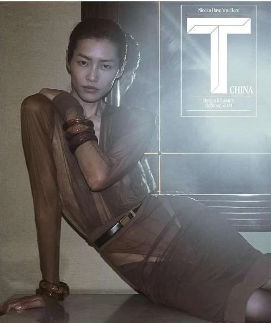 Fashion editorial featuring an Asian female model in a sheer brown dress and bracelets, posing in front of a magazine cover and muted background.