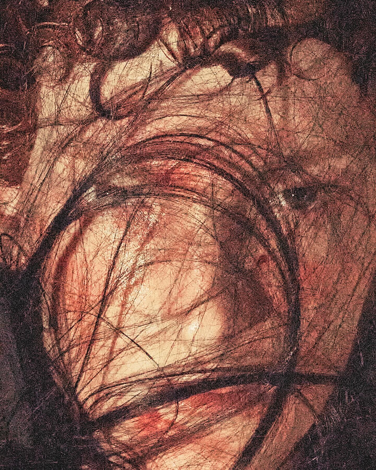 Artistic portrait of a person with dark hair covering their face, rendered in warm tones with visible brushstrokes and texture.
