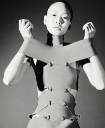 Monochrome portrait of an Asian woman wearing an architectural cutout top with metal hoops, photographed in Paris by Nick Yang.