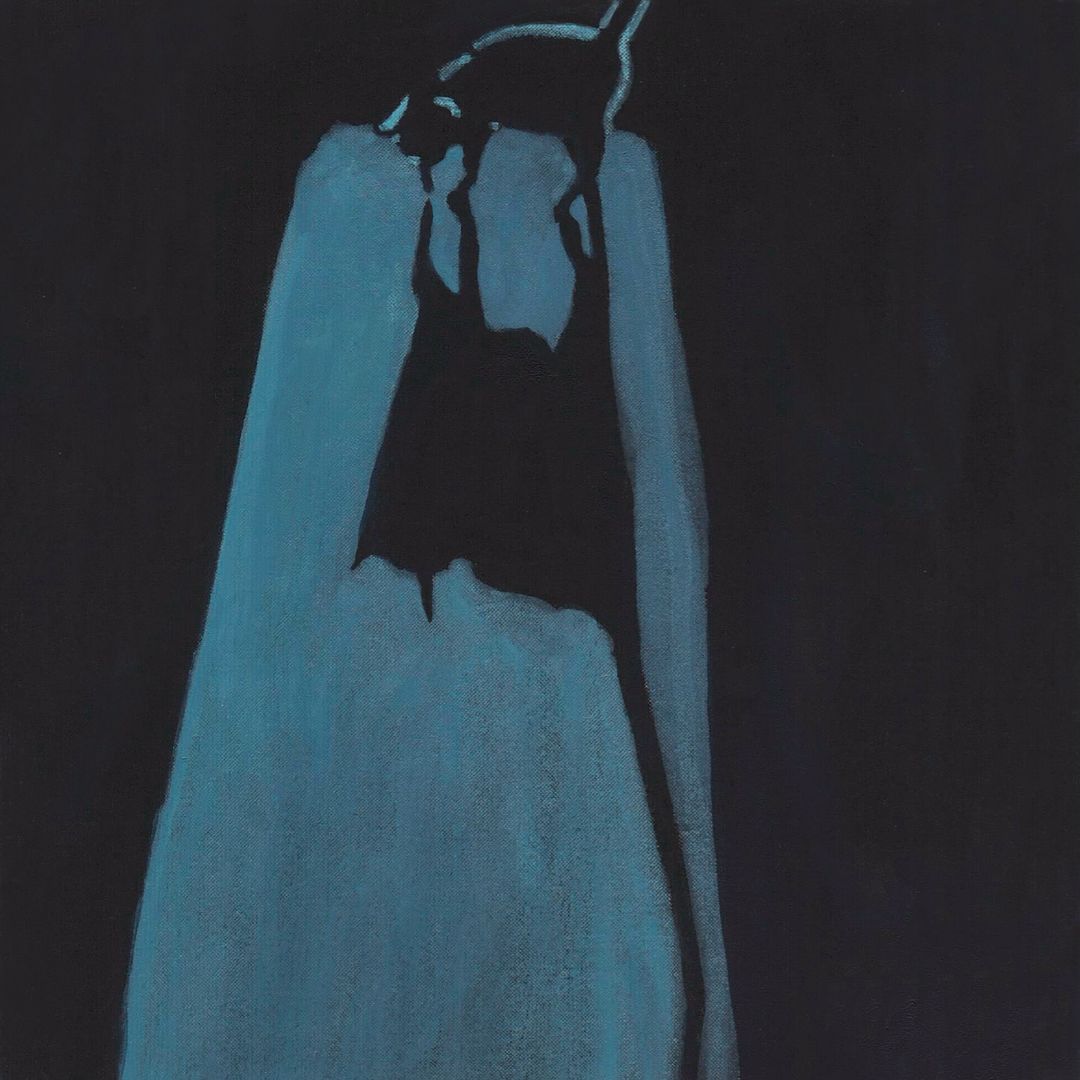 Artistic painting of a dark silhouetted cat perched atop an abstract sculpture with blue highlights against a dark background.