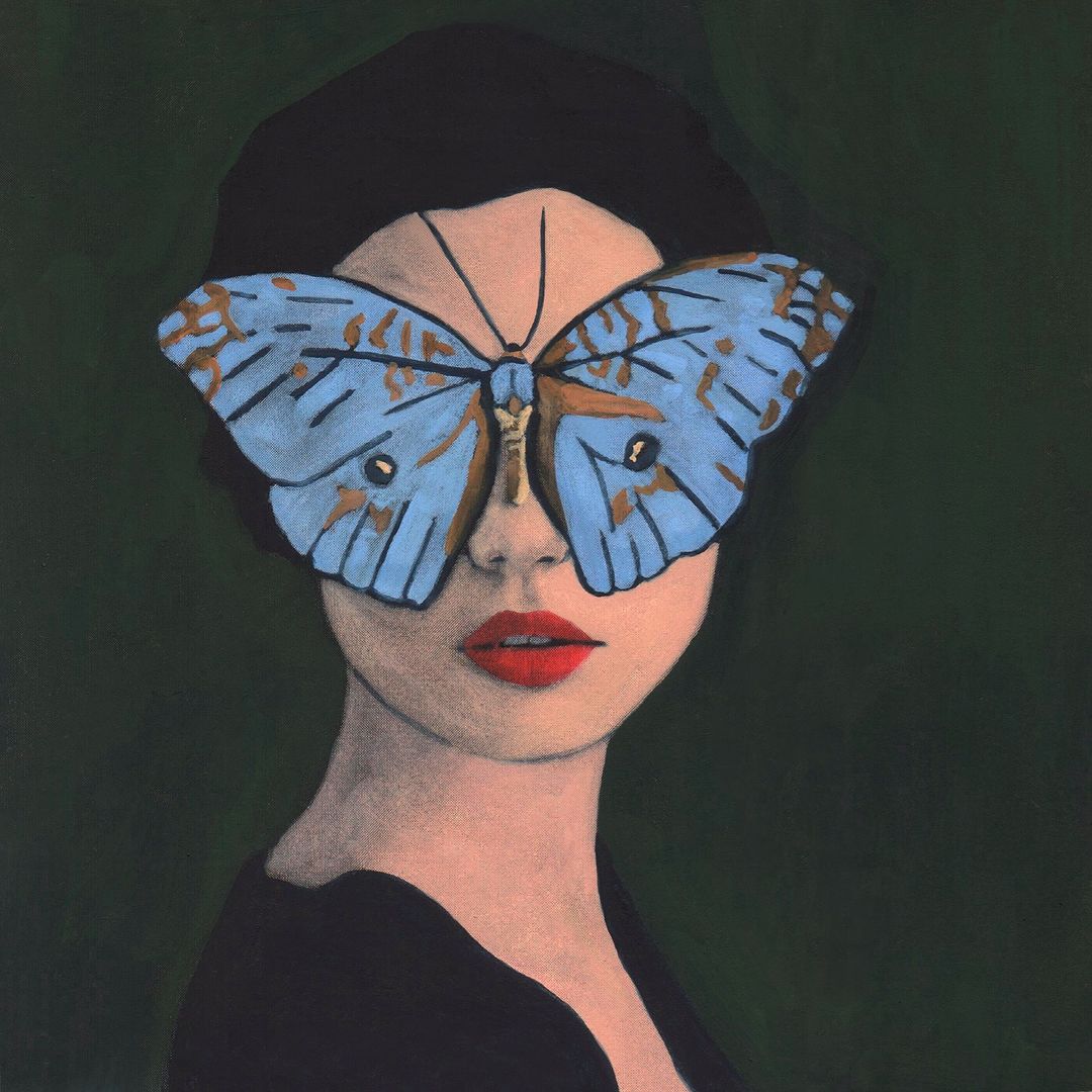 Illustration of a woman with a blue butterfly mask, dark hair, and red lipstick against a deep green background in a close-up view.