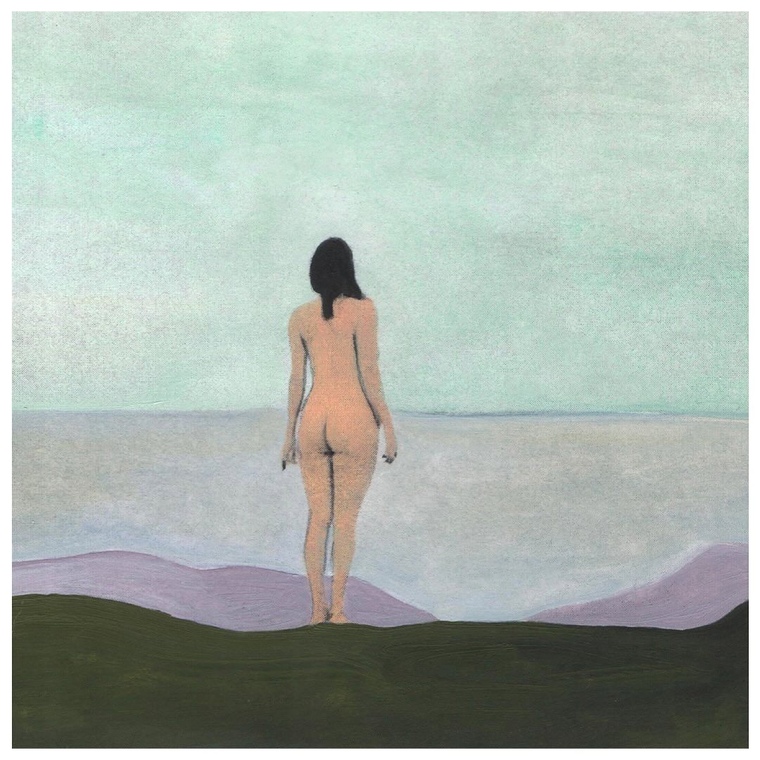 Back view of a nude female figure walking toward the ocean, painted in an impressionistic style with a soft, muted color palette.