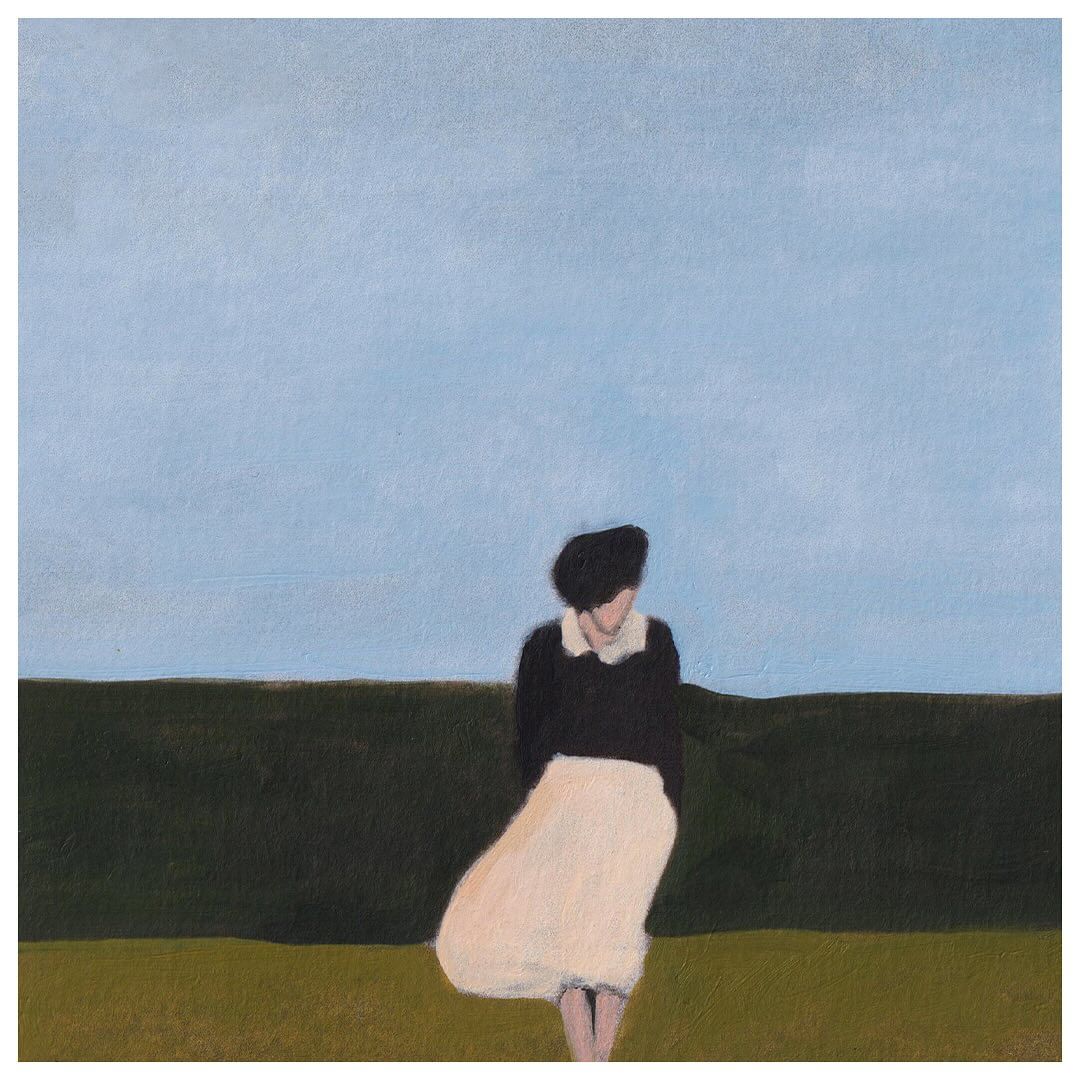Painting of a solitary woman standing in a field with a blurred background, wearing a skirt and dark top, facing away, painted style.