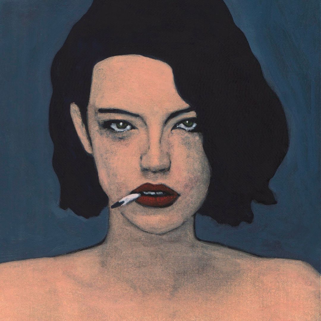 Illustration of a woman with short dark hair and red lips holding a cigarette, painted against a dark blue background with a somber mood.