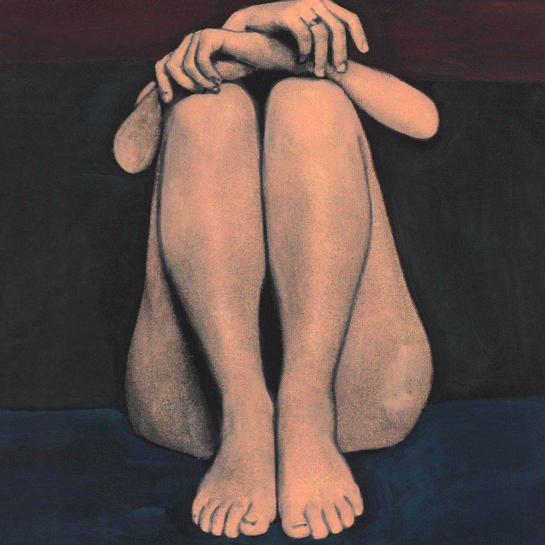 Artistic nude illustration shows a woman sitting with her legs tucked up to her chest and her arms resting on her knees.
