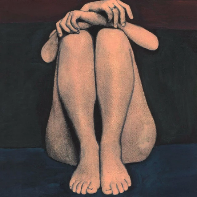 Artistic nude illustration shows a woman sitting with her legs tucked up to her chest and her arms resting on her knees.