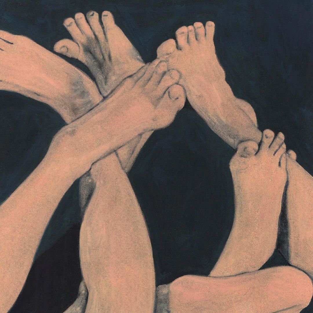 Abstract painting of interwoven human feet and lower legs in a close-up composition against a dark background.