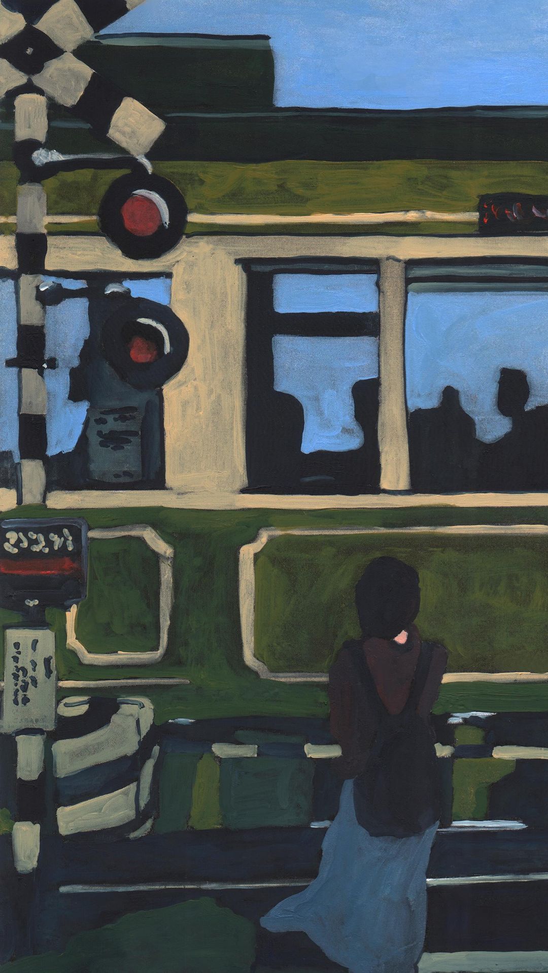 Painting of a woman standing by a train track crossing with a train approaching, rendered in an impressionistic style with blue skies.