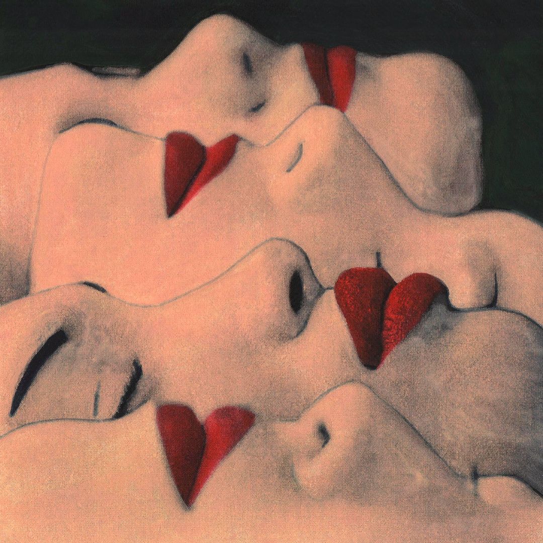 Close-up of an artful composition featuring four faces in profile, each with a heart-shaped embellishment on their cheek or lip.