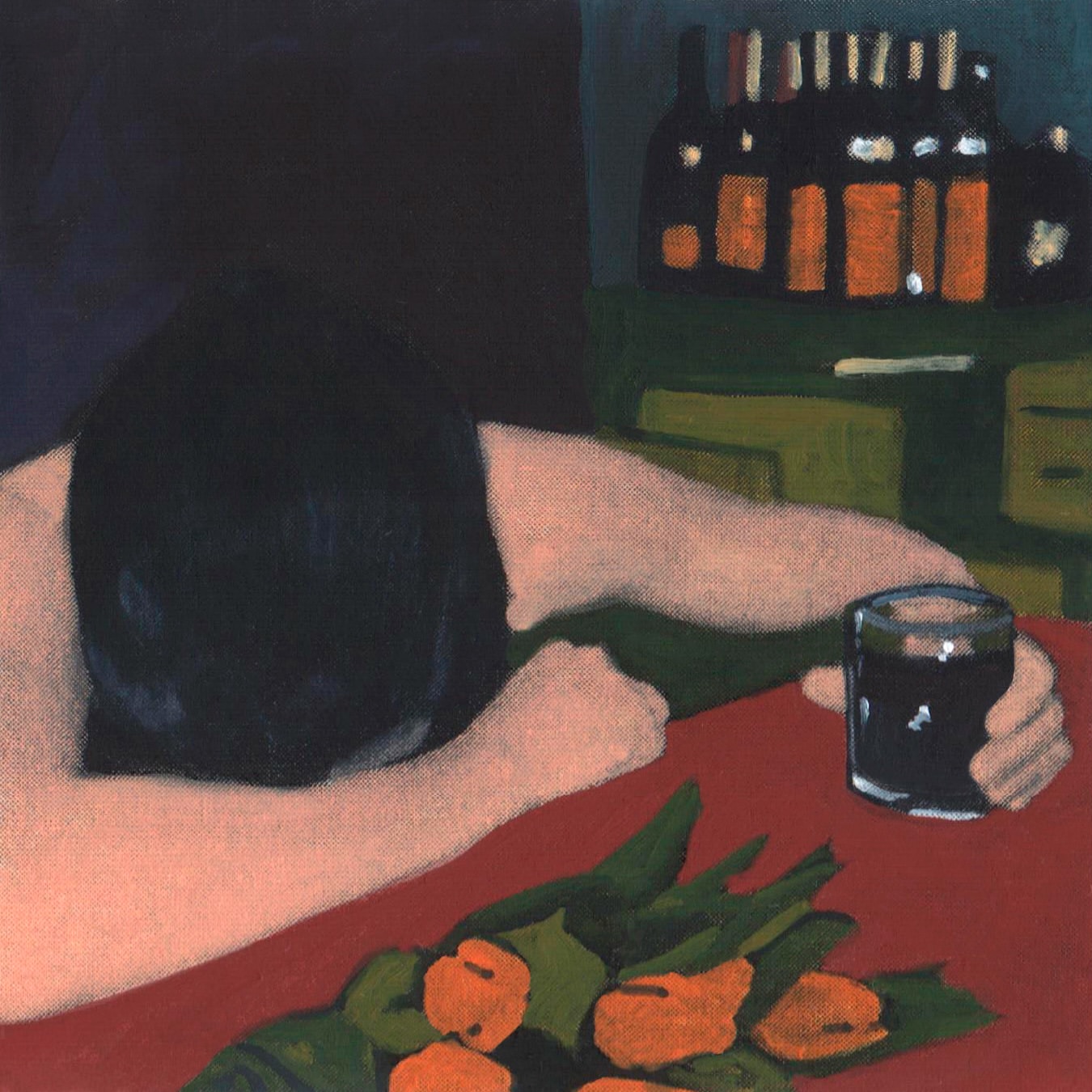 Painting of a person slumped at a red table with a glass and orange tulips, dark background, and an array of bottles on a shelf.