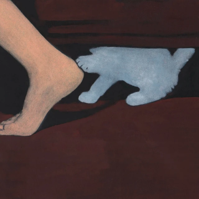 Illustration of a person's leg and foot next to a shadowy cat shape under furniture, set against a dark, monochromatic background.